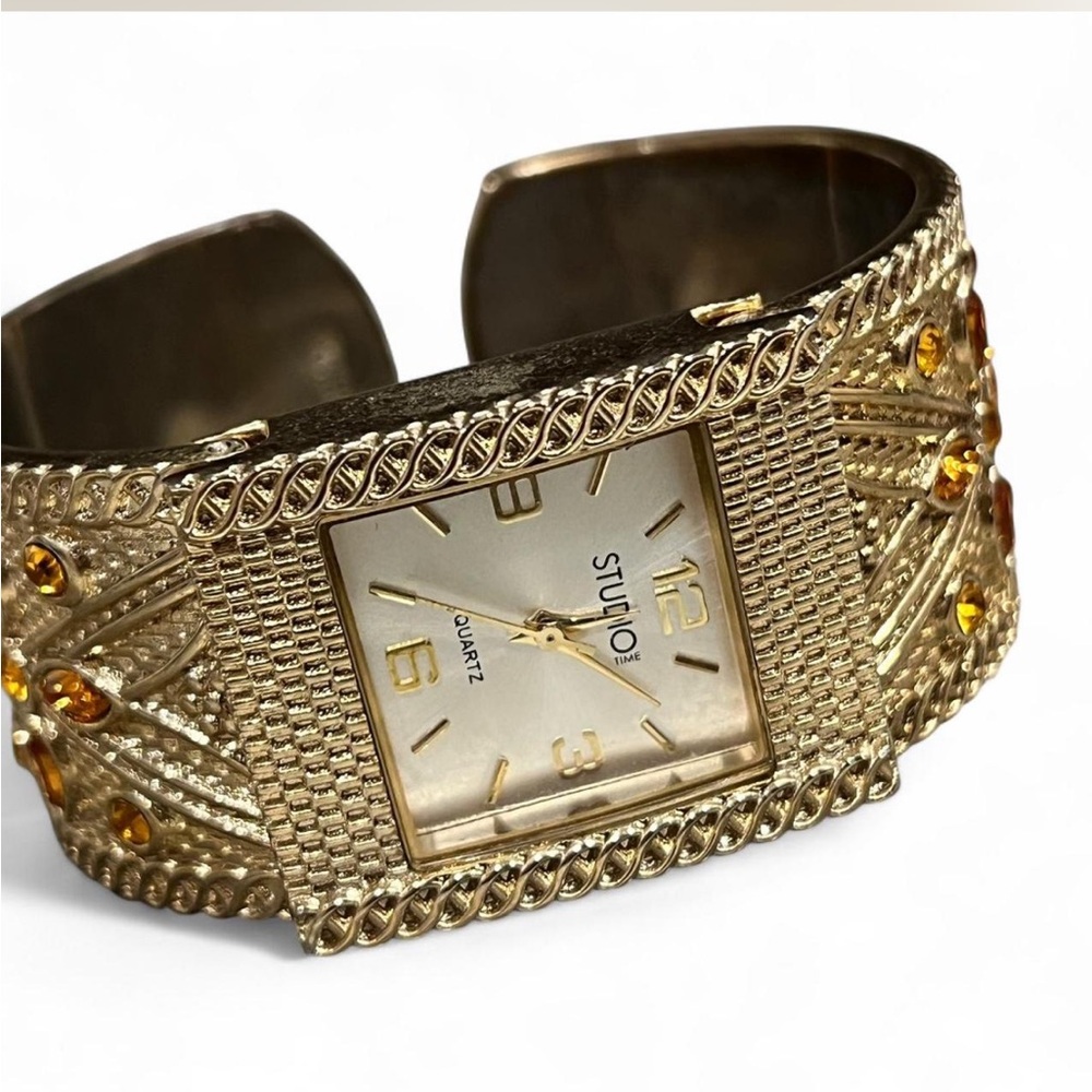 Studio Women's Gold Cuff Watch with Orange Accents